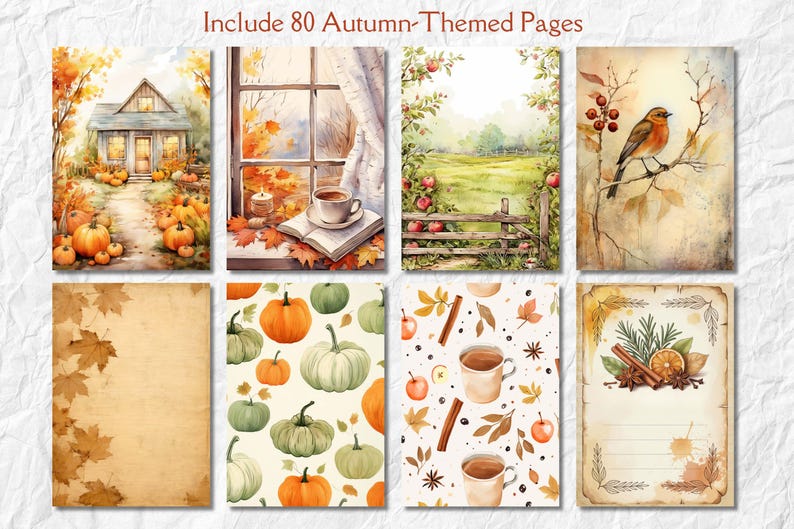 Op de afbeelding: Waterverfillustraties van herfsttaferelen, waaronder een huis met pompoenen, een raam met een kopje koffie, een veld met een hek en een vogel op een tak. De tekst "Include 80 Autumn-Themed Pages" staat bovenaan.