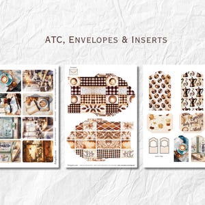 May include: Three sheets of paper with coffee-themed designs. The left sheet has small images of coffee cups and cafe scenes. The middle sheet has a patchwork design. The right sheet has coffee bean and espresso maker images. Text: ATC, ENVELOPES & INSERTS.