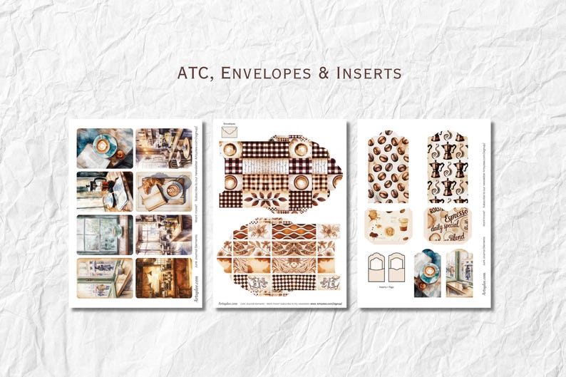 May include: Three sheets of paper with coffee-themed designs. The left sheet has small images of coffee cups and cafe scenes. The middle sheet has a patchwork design. The right sheet has coffee bean and espresso maker images. Text: ATC, ENVELOPES & INSERTS.