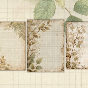 May include: Three vintage-style paper sheets with a grid pattern, adorned with botanical illustrations of leaves and branches in shades of green and brown. The papers have a distressed, aged appearance, suggesting a scrapbook or journal theme.