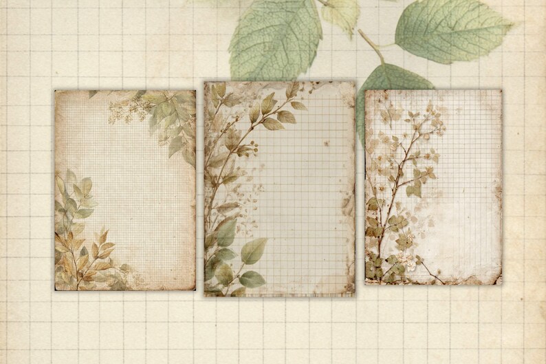 May include: Three vintage-style paper sheets with a grid pattern, adorned with botanical illustrations of leaves and branches in shades of green and brown. The papers have a distressed, aged appearance, suggesting a scrapbook or journal theme.