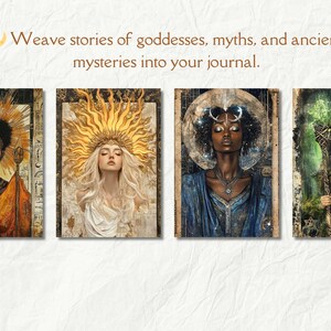 May include: Four digital art prints featuring women with different headdresses and backgrounds. The first print features a woman with a golden headdress and a brown background. The second print features a woman with a sun headdress and a white background. The third print features a woman with a moon headdress and a blue background. The fourth print features a woman with a green headdress and a green background.