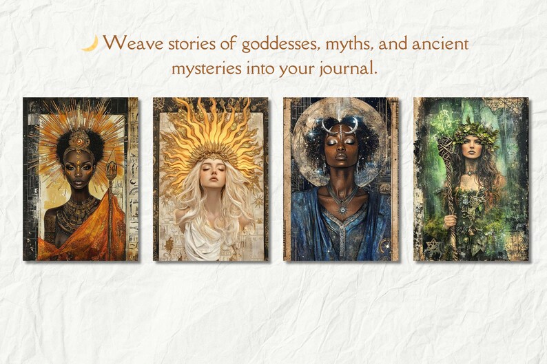 May include: Four digital art prints featuring women with different headdresses and backgrounds. The first print features a woman with a golden headdress and a brown background. The second print features a woman with a sun headdress and a white background. The third print features a woman with a moon headdress and a blue background. The fourth print features a woman with a green headdress and a green background.