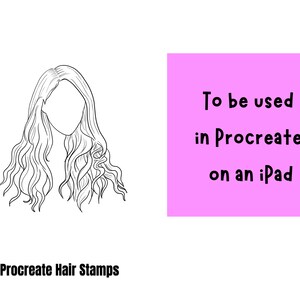 May include: A black and white line drawing of a woman's wavy hair, designed to be used as a stamp in the Procreate app on an iPad. The text "Procreate Hair Stamps" is also included in the image.