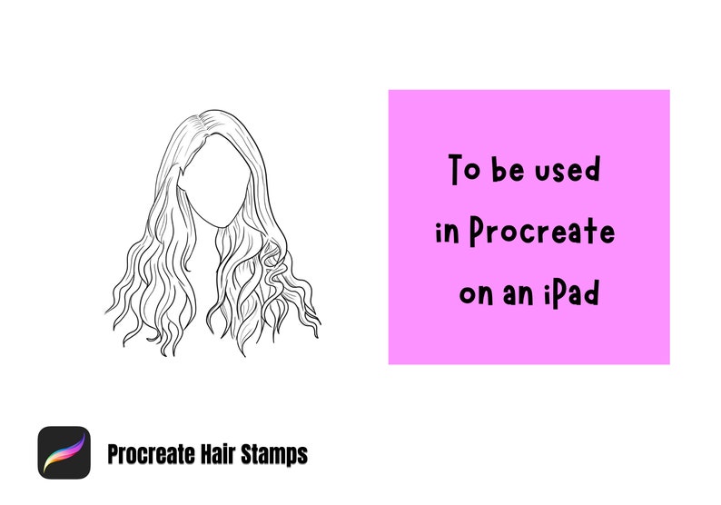 May include: A black and white line drawing of a woman's wavy hair, designed to be used as a stamp in the Procreate app on an iPad. The text "Procreate Hair Stamps" is also included in the image.