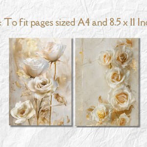 Puede incluir: Dos impresiones de rosas blancas con detalles dorados sobre un fondo blanco. Las impresiones est&aacute;n dimensionadas para adaptarse a p&aacute;ginas A4 y 8,5 x 11 pulgadas.