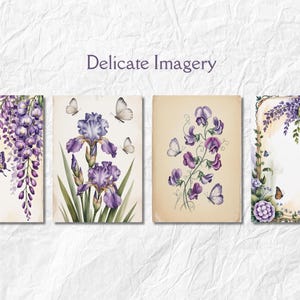 Może przedstawiać: Cztery grafiki kwiatowe z fioletowymi kwiatami i motylami. Grafiki zawierają obrazy wisterii, irys&oacute;w i groszku pachnącego. Tekst "Delicate Imagery" jest wyświetlany nad grafikami.
