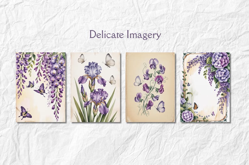 Może przedstawiać: Cztery grafiki kwiatowe z fioletowymi kwiatami i motylami. Grafiki zawierają obrazy wisterii, irys&oacute;w i groszku pachnącego. Tekst "Delicate Imagery" jest wyświetlany nad grafikami.