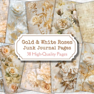 Puede incluir: Un collage de 38 p&aacute;ginas de papel digital de alta calidad con rosas blancas y doradas. Las p&aacute;ginas son perfectas para el diario de chatarra, el scrapbooking u otras manualidades de papel.