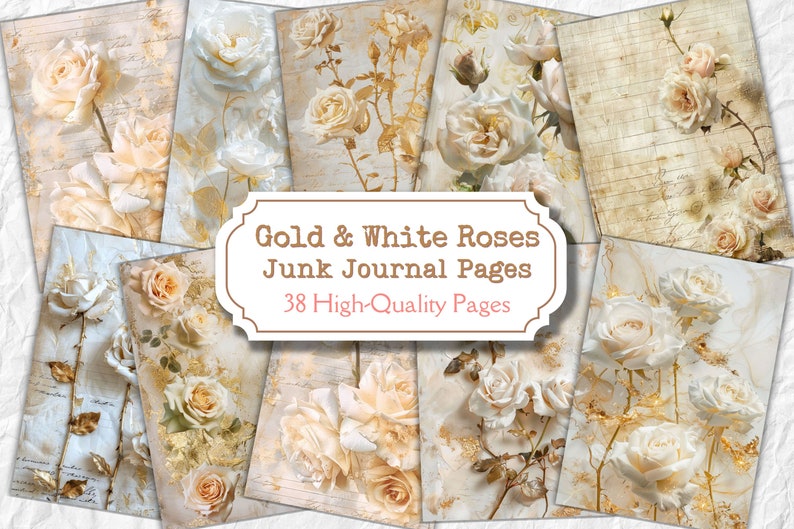 Puede incluir: Un collage de 38 p&aacute;ginas de papel digital de alta calidad con rosas blancas y doradas. Las p&aacute;ginas son perfectas para el diario de chatarra, el scrapbooking u otras manualidades de papel.