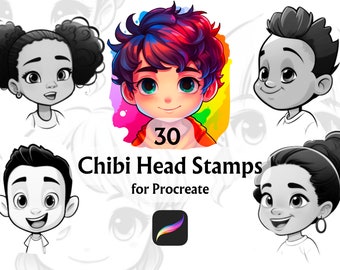 May include: A set of 30 digital stamps for Procreate featuring various chibi head designs. The stamps include different hairstyles, skin tones, and expressions.