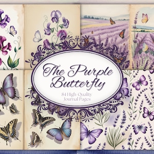 Może przedstawiać: Zestaw akwarelowych stron dziennika z motylami i polami lawendy. Tytuł "The Purple Butterfly" jest wyświetlany w owalnej ramce. Strony prezentują r&oacute;żne ilustracje motyli i wzory kwiatowe.