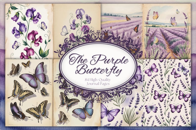 Może przedstawiać: Zestaw akwarelowych stron dziennika z motylami i polami lawendy. Tytuł "The Purple Butterfly" jest wyświetlany w owalnej ramce. Strony prezentują r&oacute;żne ilustracje motyli i wzory kwiatowe.