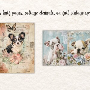 May include: Vintage-style digital art featuring two collages with dog portraits. One collage showcases a black, white, and tan dog with a butterfly and flowers. The other collage features two dogs with flowers and lace.
