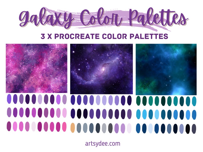 May include: Three galaxy-themed color palettes for Procreate, featuring shades of purple, blue, and green. Each palette includes 24 colors, with a variety of light and dark tones.
