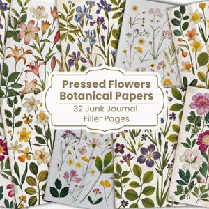 32 papeles botánicos: páginas para rellenar un diario basura con flores prensadas, diseños vintage y margaritas, papeles scrapbooking, estilo shabby chic, diario basura