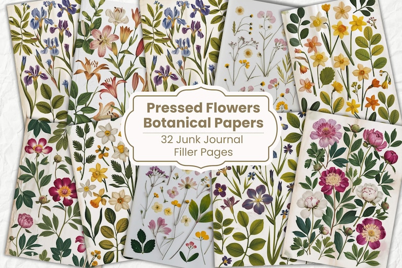 K&ouml;nnte beinhalten: 32 gepresste Blumen botanische Papiere f&uuml;r Junk Journaling. Die Papiere zeigen eine Vielzahl von Blumen, darunter Lilien, Iris, Narzissen und Pfingstrosen, in den Farben Rosa, Lila, Gelb und Wei&szlig;.