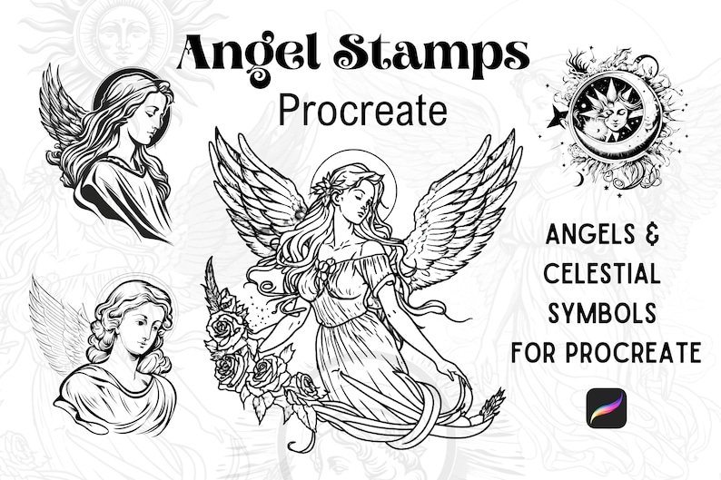 Peut inclure: Timbres num&eacute;riques en noir et blanc pour Procreate repr&eacute;sentant des anges et des symboles c&eacute;lestes. Les timbres comprennent des anges avec des ailes, un symbole soleil et lune et des &eacute;l&eacute;ments floraux.
