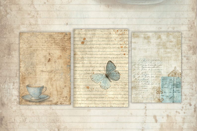 May include: Three vintage-style prints on aged paper. One features a blue teacup and saucer, another a light blue butterfly, and the third has script and a blue accent. The background has a wood grain pattern.