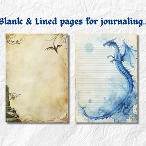 May include: Two blank journal pages with a dragon and a bird illustration. The left page is blank and the right page has blue lines. The pages are both aged and have a watercolor effect.
