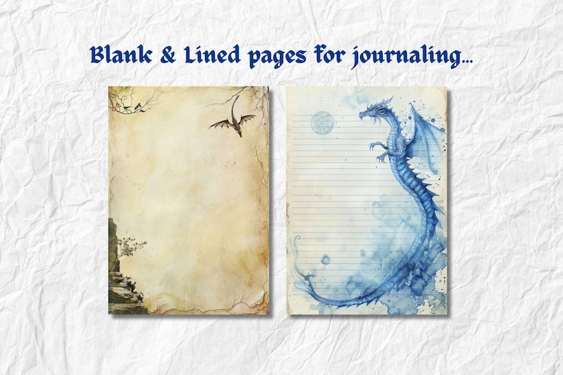 May include: Two blank journal pages with a dragon and a bird illustration. The left page is blank and the right page has blue lines. The pages are both aged and have a watercolor effect.