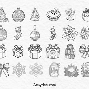 May include: Black and white line art illustrations of Christmas ornaments, gifts, bows, snowflakes, and other holiday-themed objects. The image includes a Christmas tree, angel, pie, and a candle. The website address "Artsydee.com" is at the bottom.