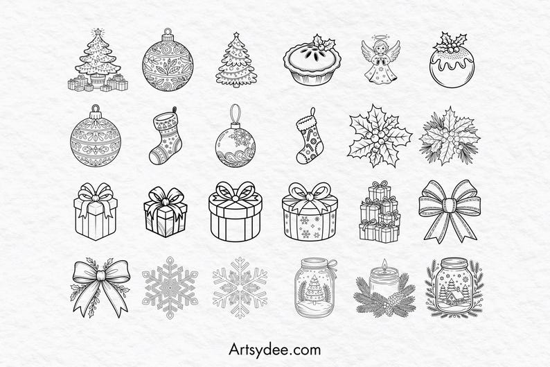 May include: Black and white line art illustrations of Christmas ornaments, gifts, bows, snowflakes, and other holiday-themed objects. The image includes a Christmas tree, angel, pie, and a candle. The website address "Artsydee.com" is at the bottom.