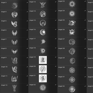 Peut inclure: Une grille de 43 illustrations en noir et blanc sur le th&egrave;me des anges. Chaque illustration est un cercle avec un design diff&eacute;rent, y compris des anges, des ailes, des &eacute;toiles, des lunes et d'autres symboles c&eacute;lestes.