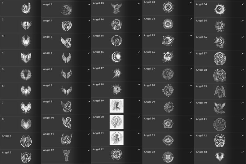 Peut inclure: Une grille de 43 illustrations en noir et blanc sur le th&egrave;me des anges. Chaque illustration est un cercle avec un design diff&eacute;rent, y compris des anges, des ailes, des &eacute;toiles, des lunes et d'autres symboles c&eacute;lestes.