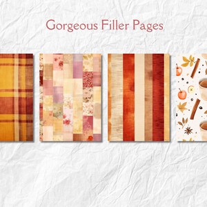 Op de afbeelding: Vier decoratieve vulpagina's met verschillende ontwerpen. E&eacute;n heeft een geel en bruin ruitpatroon. Een andere heeft een patchwork van bloemen- en effen stoffen. De derde heeft verticale strepen in rood en beige. De laatste pagina heeft een herfstthema met mokken, appels en kaneelstokjes. De tekst "Gorgeous Filler Pages" staat bovenaan.