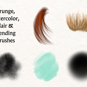 May include: A set of digital brushes for use in design software. The brushes include grunge, watercolor, hair, and blending effects. The brushes are shown as individual strokes on a white background.