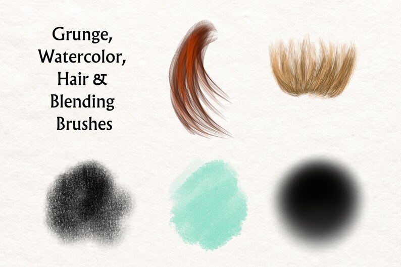 May include: A set of digital brushes for use in design software. The brushes include grunge, watercolor, hair, and blending effects. The brushes are shown as individual strokes on a white background.