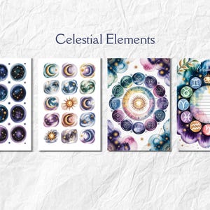 May include: Four watercolor art prints featuring celestial elements. The prints include constellations, moons, suns, and zodiac signs. The text "Celestial Elements" is at the top. The color palette includes blues, purples, and gold.