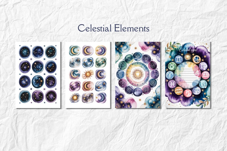 May include: Four watercolor art prints featuring celestial elements. The prints include constellations, moons, suns, and zodiac signs. The text "Celestial Elements" is at the top. The color palette includes blues, purples, and gold.