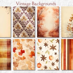 Op de afbeelding: Een verzameling van acht vintage achtergronden. De ontwerpen omvatten bloempatronen, herfstbladeren, bossc&egrave;nes en gestreepte texturen. Het kleurenpalet bevat warme tinten bruin, oranje en beige, die een gevoel van nostalgie oproepen.