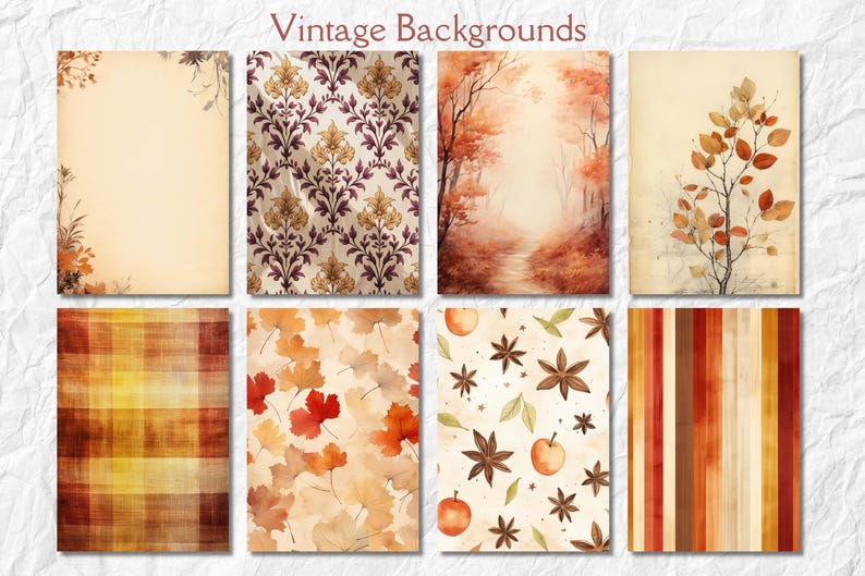 Op de afbeelding: Een verzameling van acht vintage achtergronden. De ontwerpen omvatten bloempatronen, herfstbladeren, bossc&egrave;nes en gestreepte texturen. Het kleurenpalet bevat warme tinten bruin, oranje en beige, die een gevoel van nostalgie oproepen.