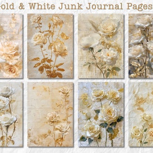 Puede incluir: Ocho p&aacute;ginas imprimibles con rosas blancas con detalles dorados sobre un fondo texturizado. Las p&aacute;ginas son perfectas para el diario de chatarra o el scrapbooking.