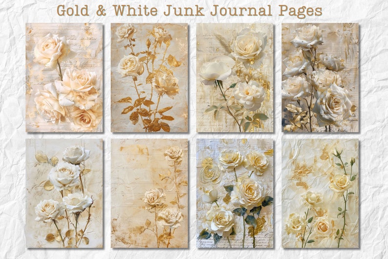 Puede incluir: Ocho p&aacute;ginas imprimibles con rosas blancas con detalles dorados sobre un fondo texturizado. Las p&aacute;ginas son perfectas para el diario de chatarra o el scrapbooking.
