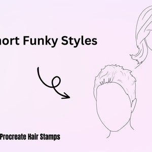 May include: Line drawing of two hairstyles, one short and one long, with the text "Short Funky Styles" and "Procreate Hair Stamps" on the image.