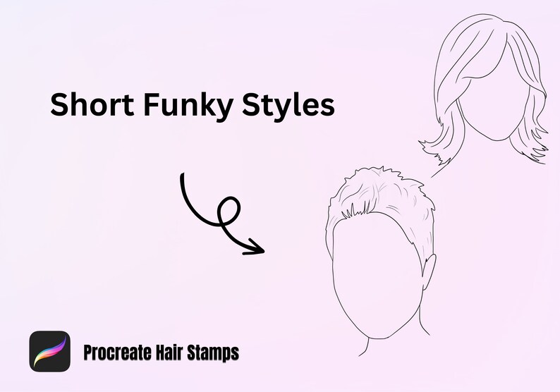 May include: Line drawing of two hairstyles, one short and one long, with the text "Short Funky Styles" and "Procreate Hair Stamps" on the image.