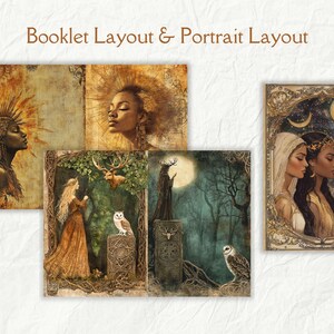 May include: Three different layouts for a tarot deck, showing a booklet layout, a portrait layout, and a portrait layout with three figures. The booklet layout features a woman with a sun crown and a woman with a crown of leaves. The portrait layout features a woman with a crown of leaves and a deer. The portrait layout with three figures features three women with crowns of leaves and stars in the background.