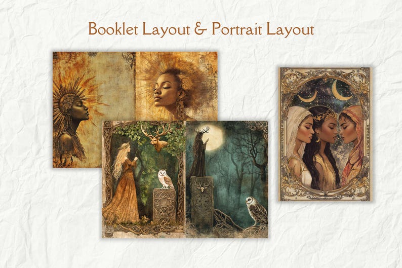 May include: Three different layouts for a tarot deck, showing a booklet layout, a portrait layout, and a portrait layout with three figures. The booklet layout features a woman with a sun crown and a woman with a crown of leaves. The portrait layout features a woman with a crown of leaves and a deer. The portrait layout with three figures features three women with crowns of leaves and stars in the background.