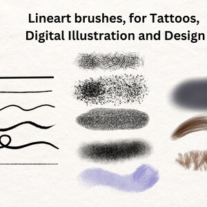 May include: A set of 42 digital line art brushes for tattoos, digital illustration, and design. The brushes are shown in black and white, with a variety of textures and styles.