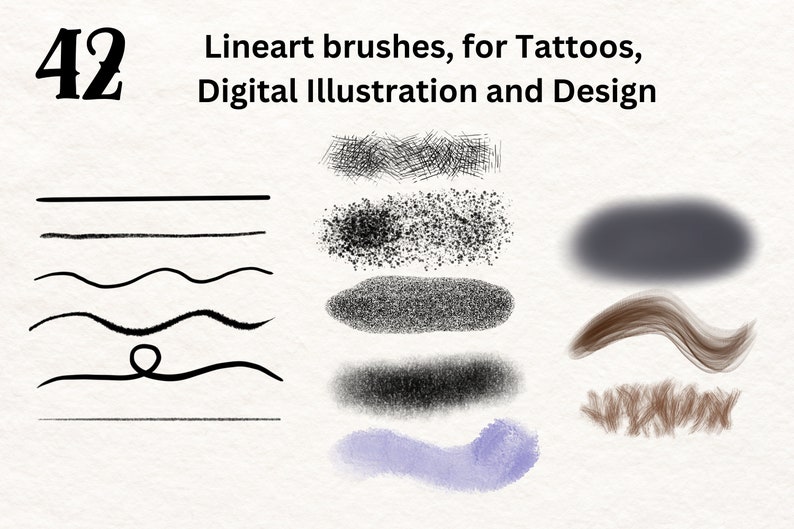 May include: A set of 42 digital line art brushes for tattoos, digital illustration, and design. The brushes are shown in black and white, with a variety of textures and styles.