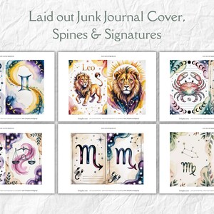 May include: A collection of watercolor junk journal covers featuring zodiac signs. Each cover displays a different astrological symbol, such as Gemini, Leo, Cancer, Libra, Scorpio, and Virgo, with celestial and botanical elements.