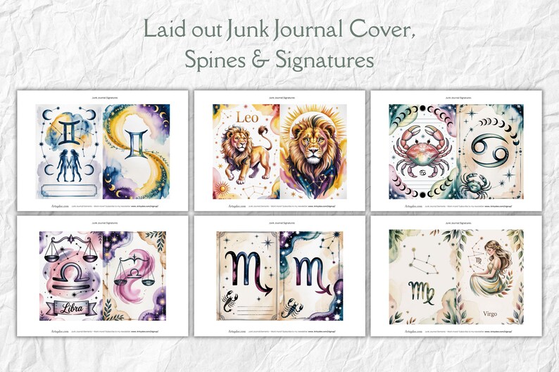May include: A collection of watercolor junk journal covers featuring zodiac signs. Each cover displays a different astrological symbol, such as Gemini, Leo, Cancer, Libra, Scorpio, and Virgo, with celestial and botanical elements.