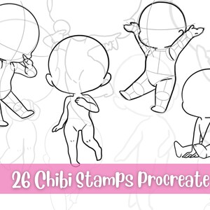 26 chibi stamps Procreate, Chibi Poses Procreate, Procreate Anime, Procreate Figure Stamps, Procreate Brushes, Procreate Chibi Stamps
