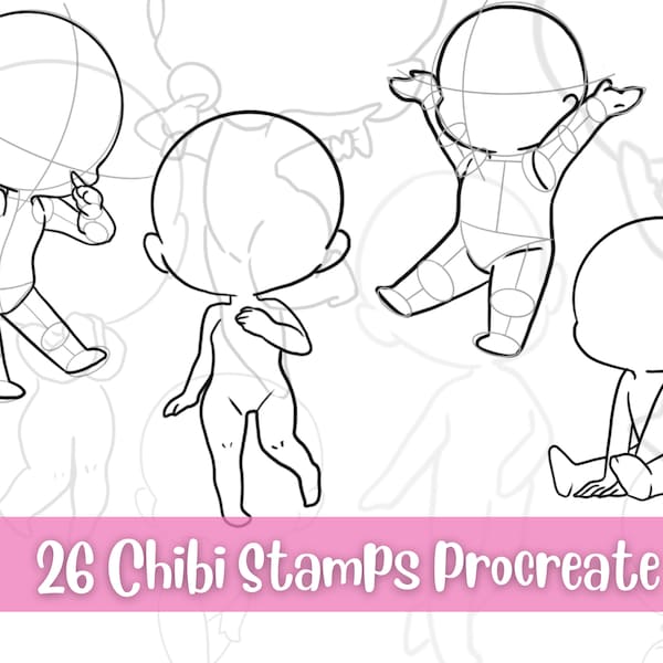 26 chibi stamps Procreate, Chibi Poses Procreate, Procreate Anime, Procreate Figure Stamps, Procreate Brushes, Procreate Chibi Stamps