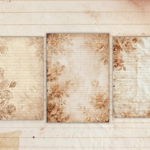 May include: Three vintage-style paper sheets with floral rose designs. The sheets are aged with a sepia tone, featuring lined paper and rose illustrations in the corners. The background is a textured, aged paper.