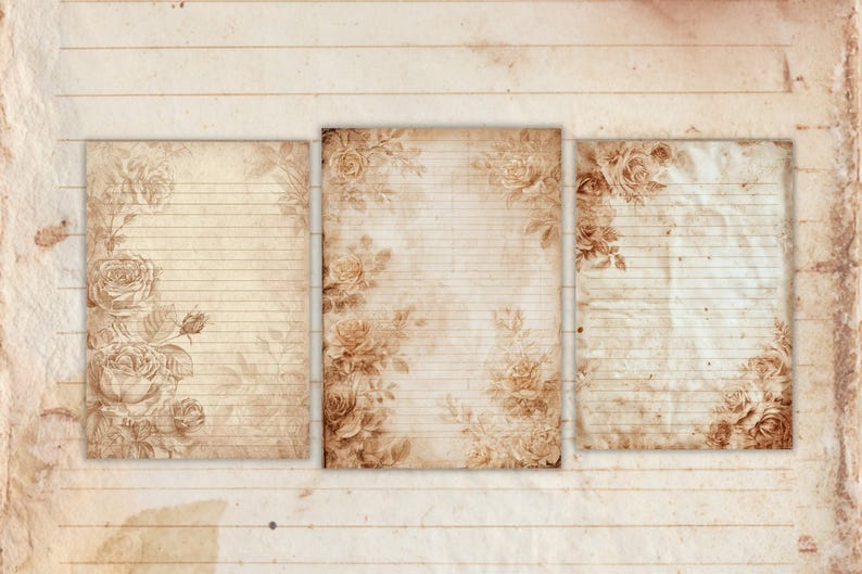 May include: Three vintage-style paper sheets with floral rose designs. The sheets are aged with a sepia tone, featuring lined paper and rose illustrations in the corners. The background is a textured, aged paper.